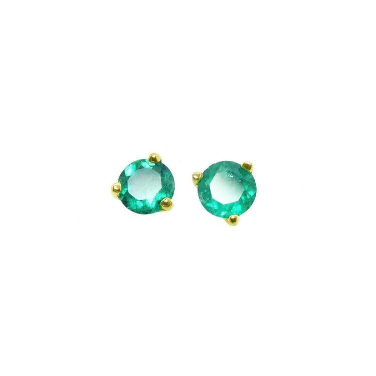 A pair of cocktail emerald stud earrings with a round cut design, set in 14K yellow gold.