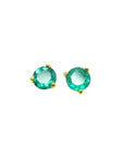 A pair of cocktail emerald stud earrings with a round cut design, set in 14K yellow gold.
