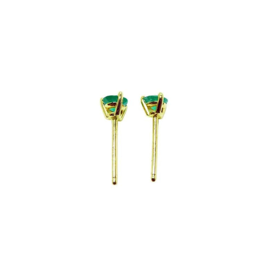 Pair of medium deep green emerald stud earrings in 14K yellow gold with three prongs.