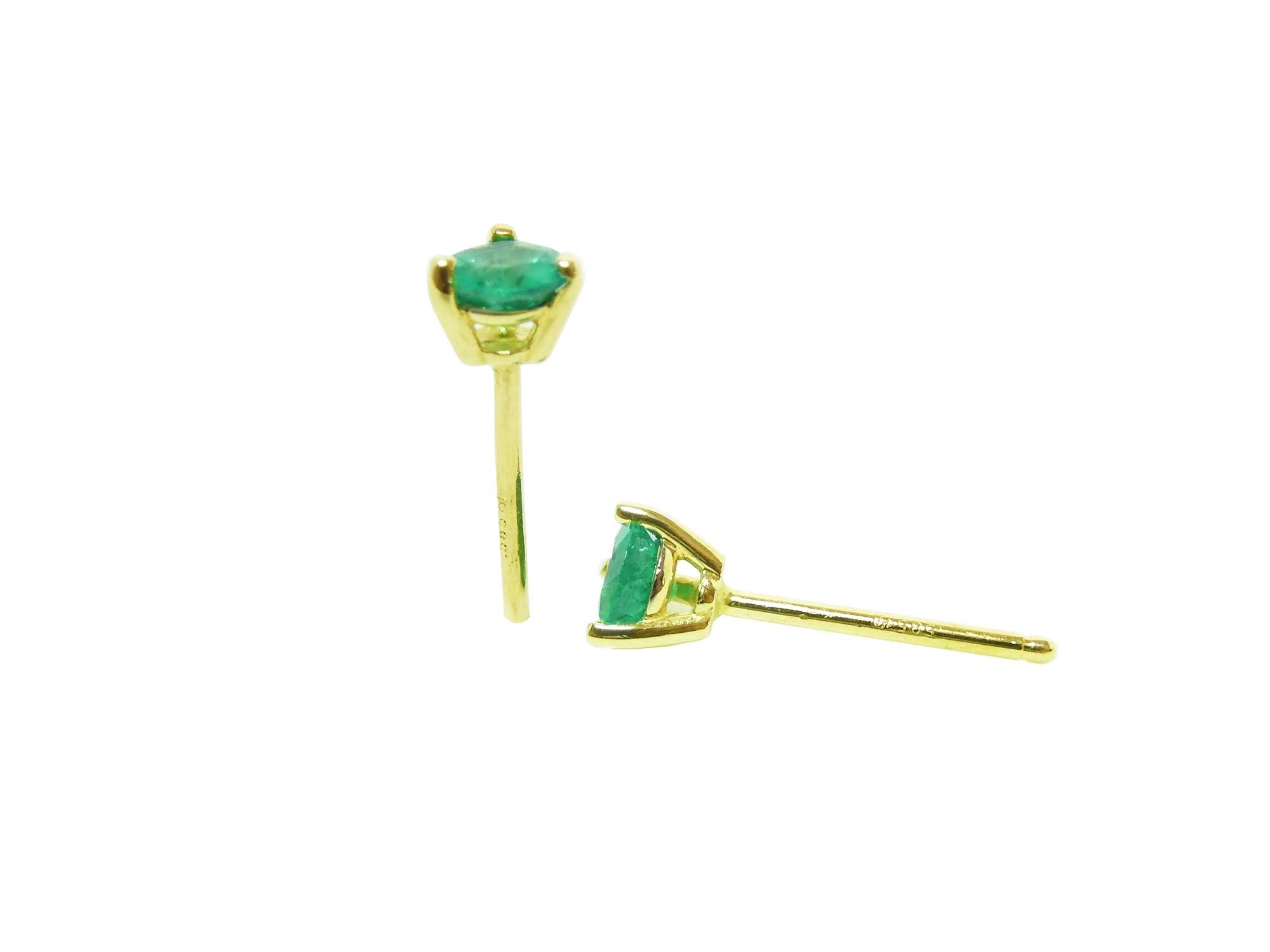 Pair of solid yellow gold cocktail emerald stud earrings, side position, underside view.