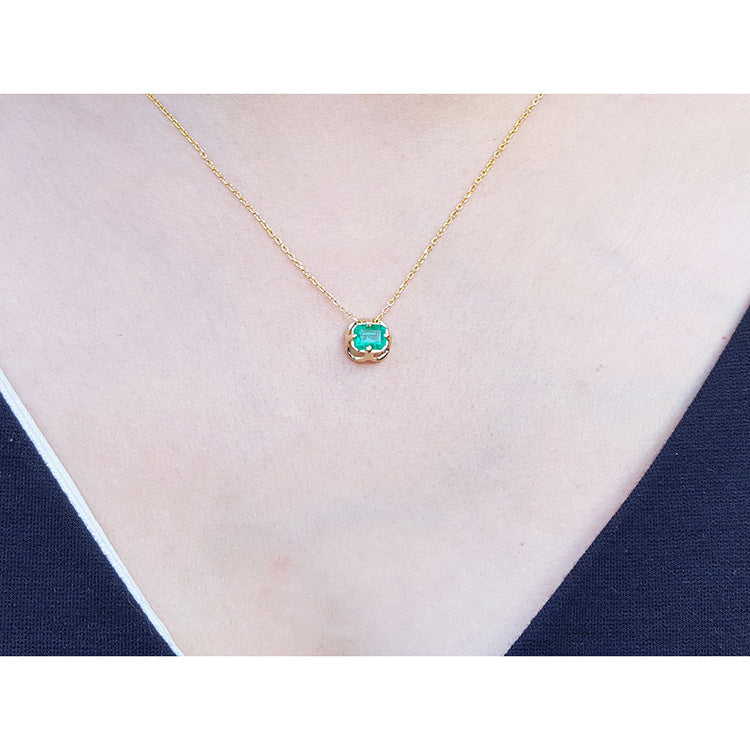 May birthstone solitaire natural emerald-cut emerald necklace slider tulip design