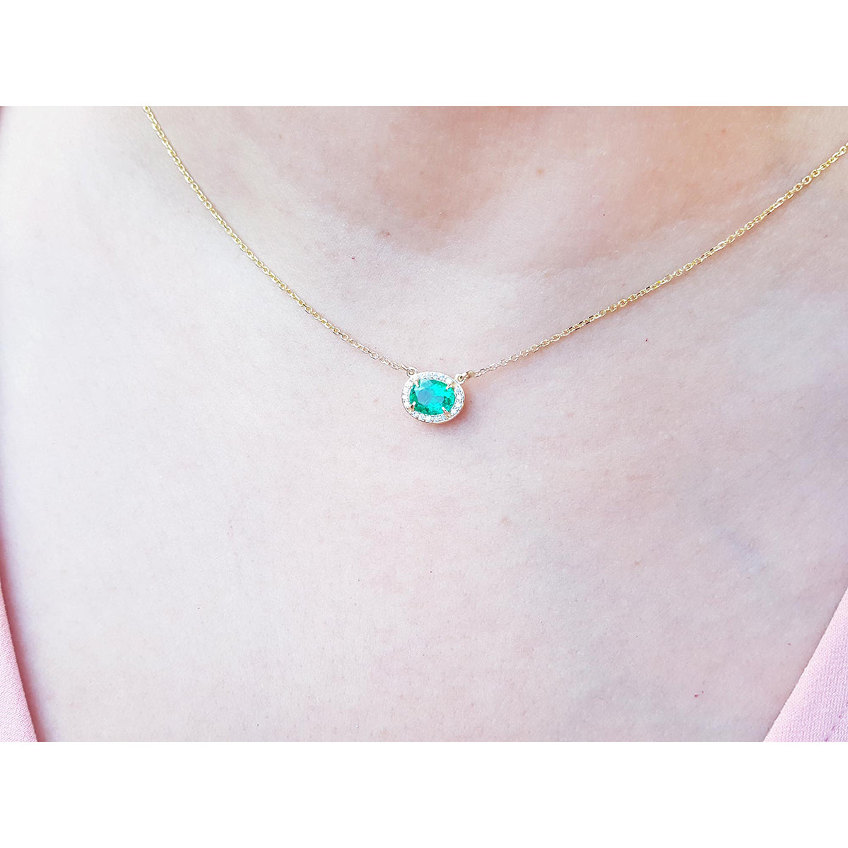 Real Emerald necklaces for sale oval cut from Muzo mines Colombia halo natural diamonds, crafted in 14k yellow gold