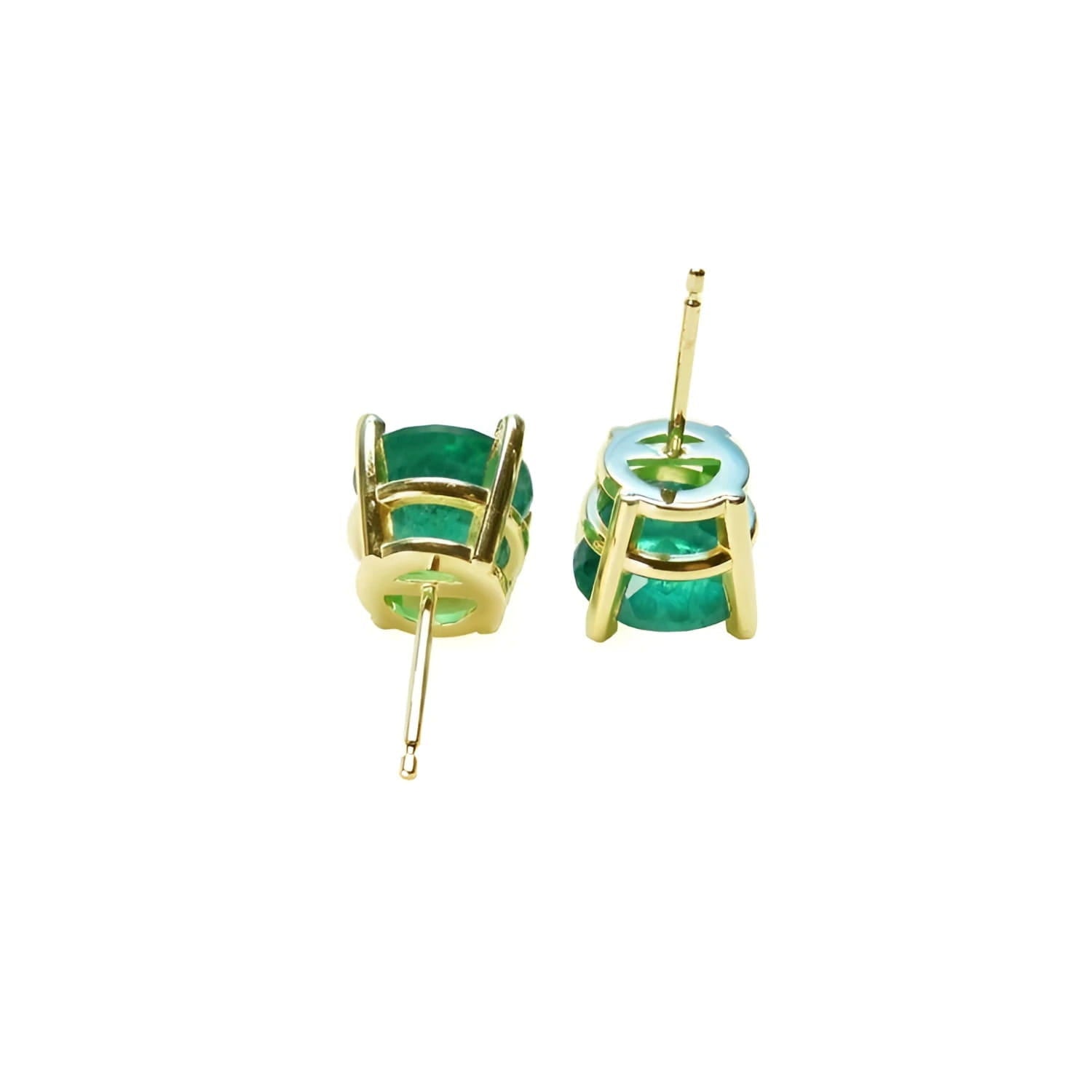 4.38 ct bluish-green Colombian emerald stud earrings in 14K yellow gold prong settings.