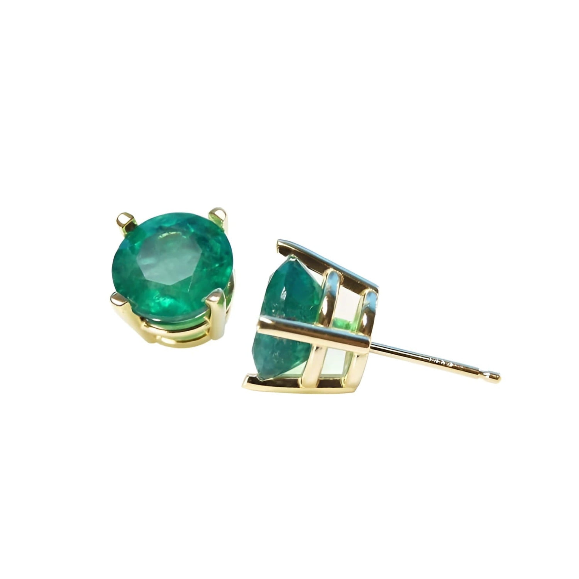 Round bluish-green Colombian emerald stud earrings in 14K yellow gold prong settings.