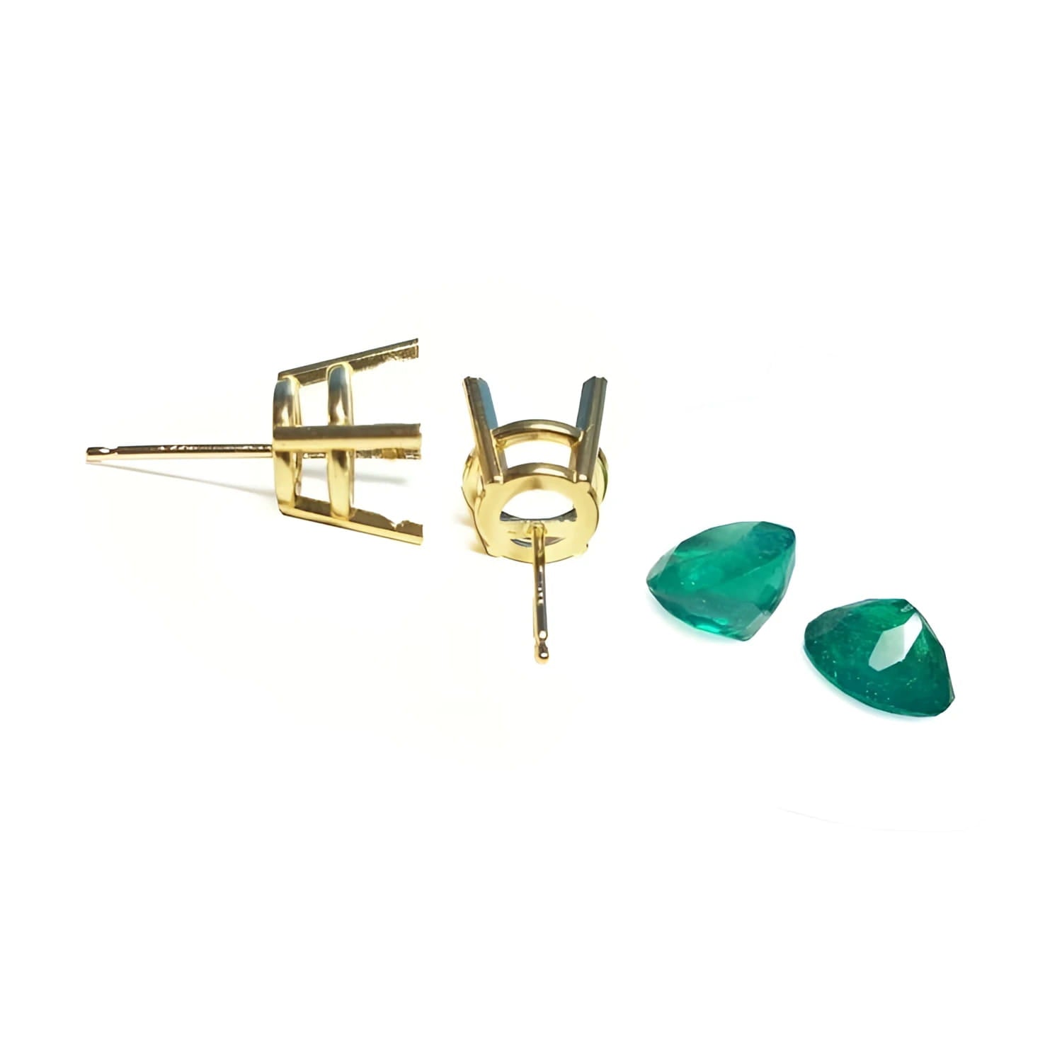 14K yellow gold prong basket earring settings with two bluish-green Colombian emeralds.