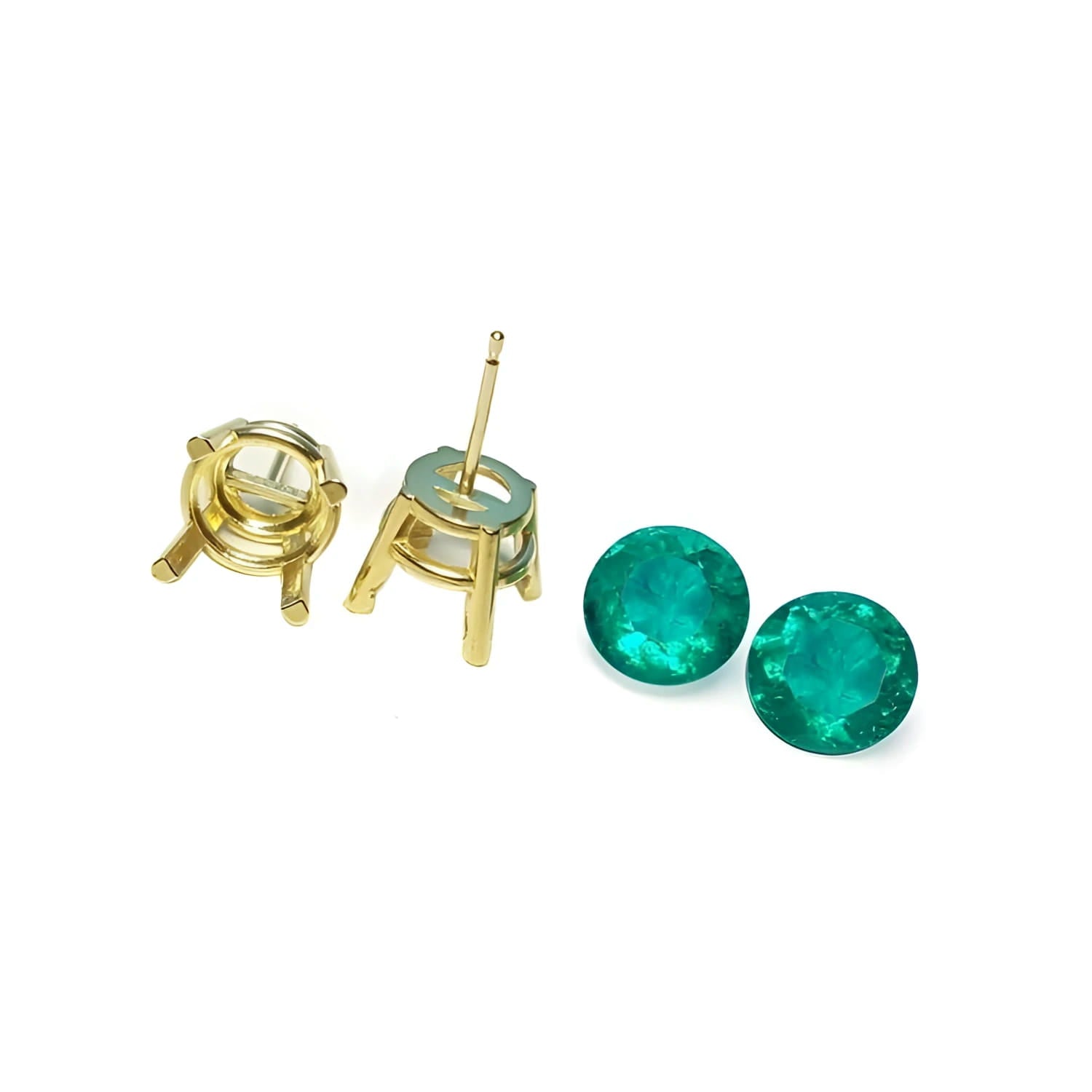 Round bluish-green Colombian emeralds with 14K yellow gold prong stud earring settings.