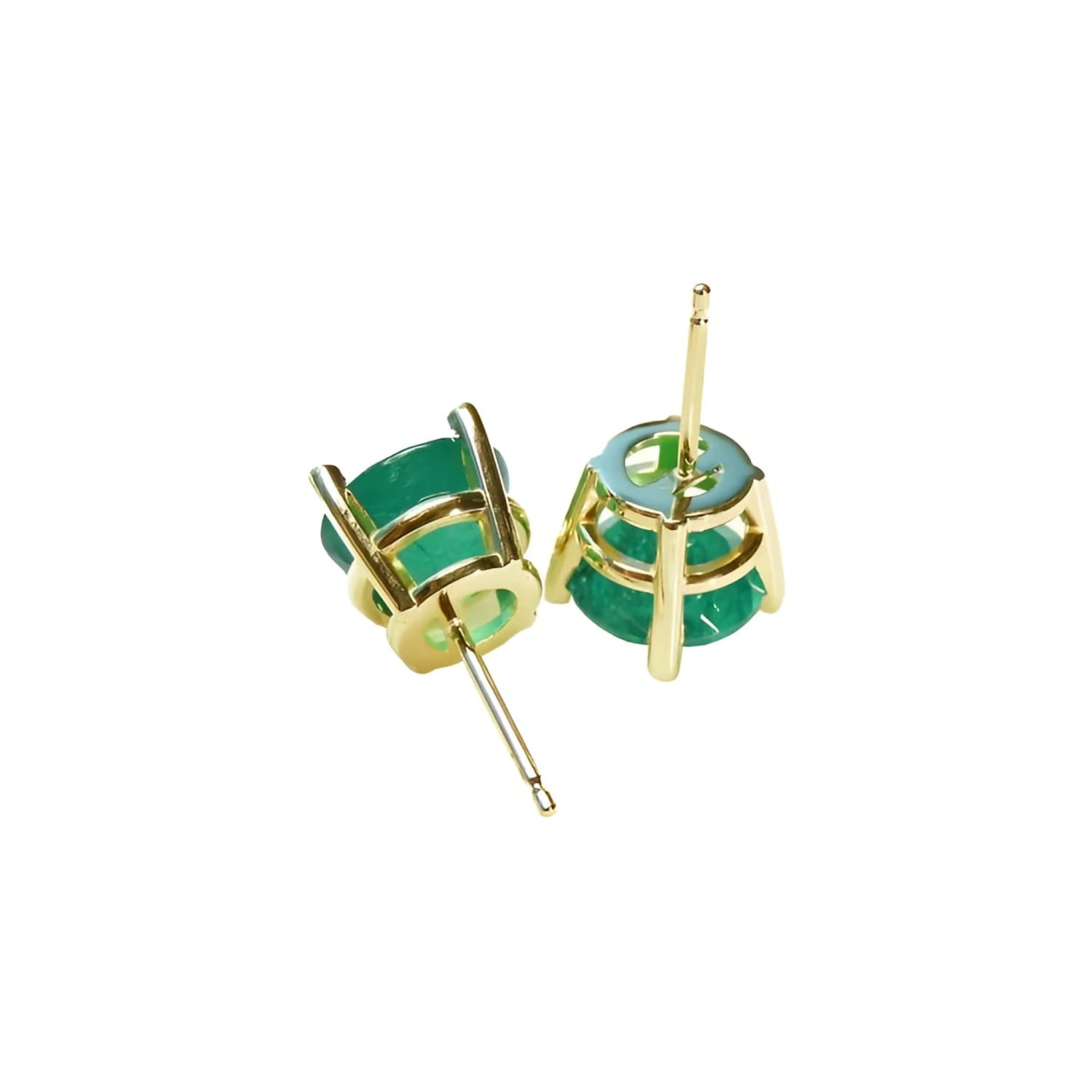 Colombian emerald stud earrings, round cut, bluish-green, in 14K yellow gold prong settings.