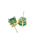 Colombian emerald stud earrings, round cut, bluish-green, in 14K yellow gold prong settings.