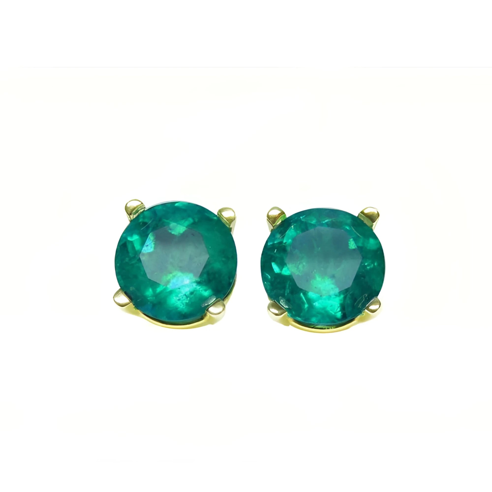 Pair of natural colombian emeralds round cut prong set earrings, made of 14k yellow gold.