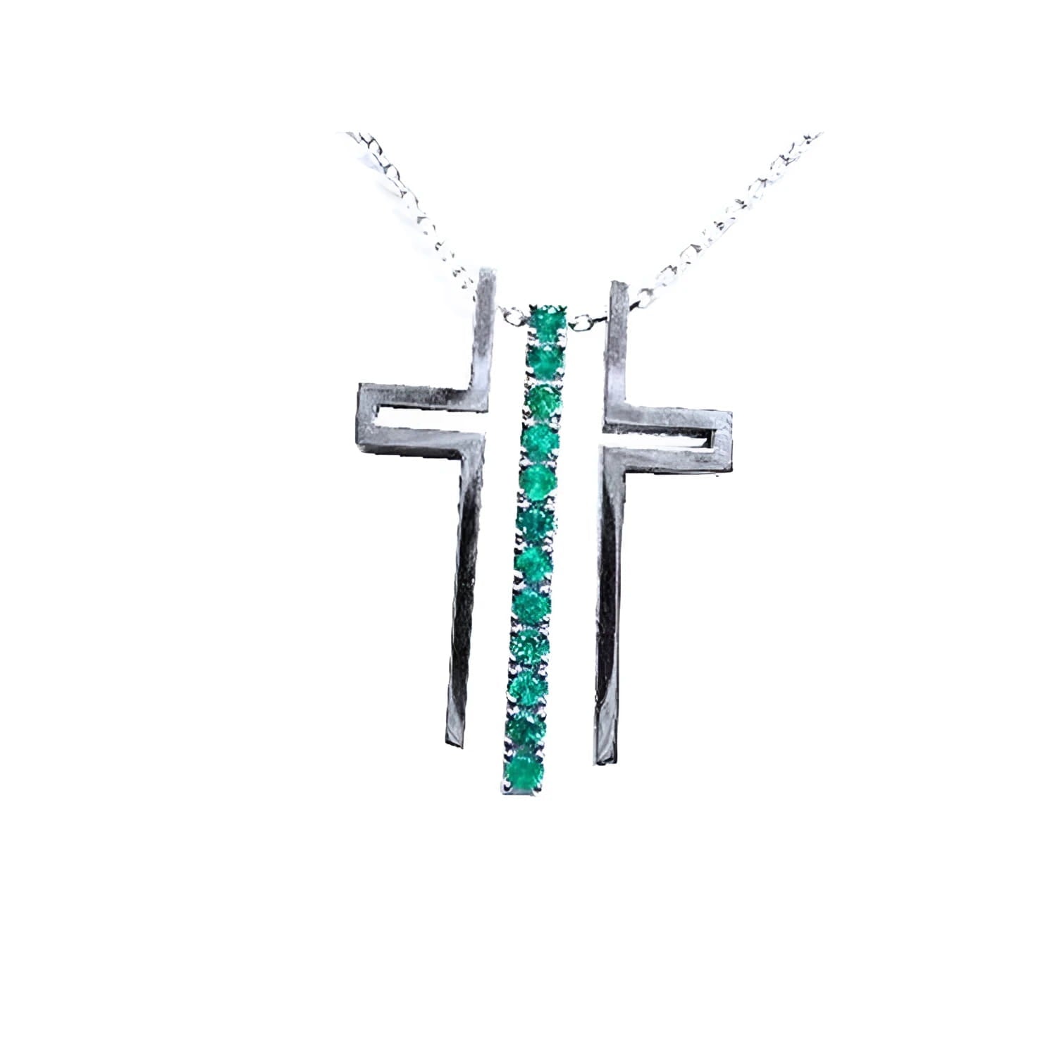 14K white gold cross pendant with a vertical row of round-cut Colombian emeralds on a delicate chain.