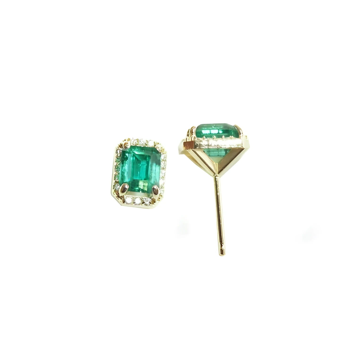 1.41 ct. rectangular Colombian emerald halo stud earrings with diamonds in 14k yellow gold.