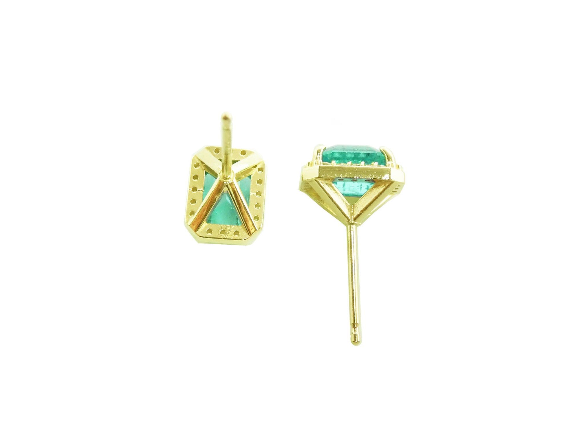 14k yellow gold earrings, in tow poses: upside down and underside view push backs.