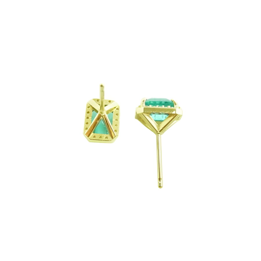 14k yellow gold stud earrings with rectangular Colombian emeralds and diamond halos.