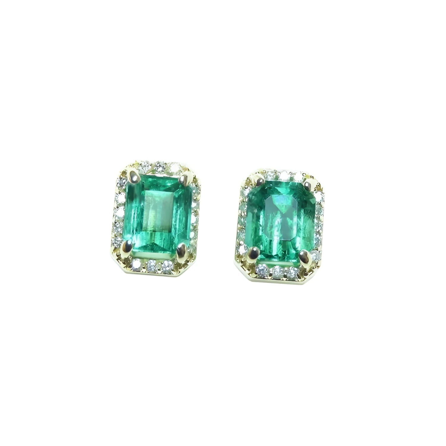Pair of natural colombian emerald stud earrings with a halo diamond in 14k gold.