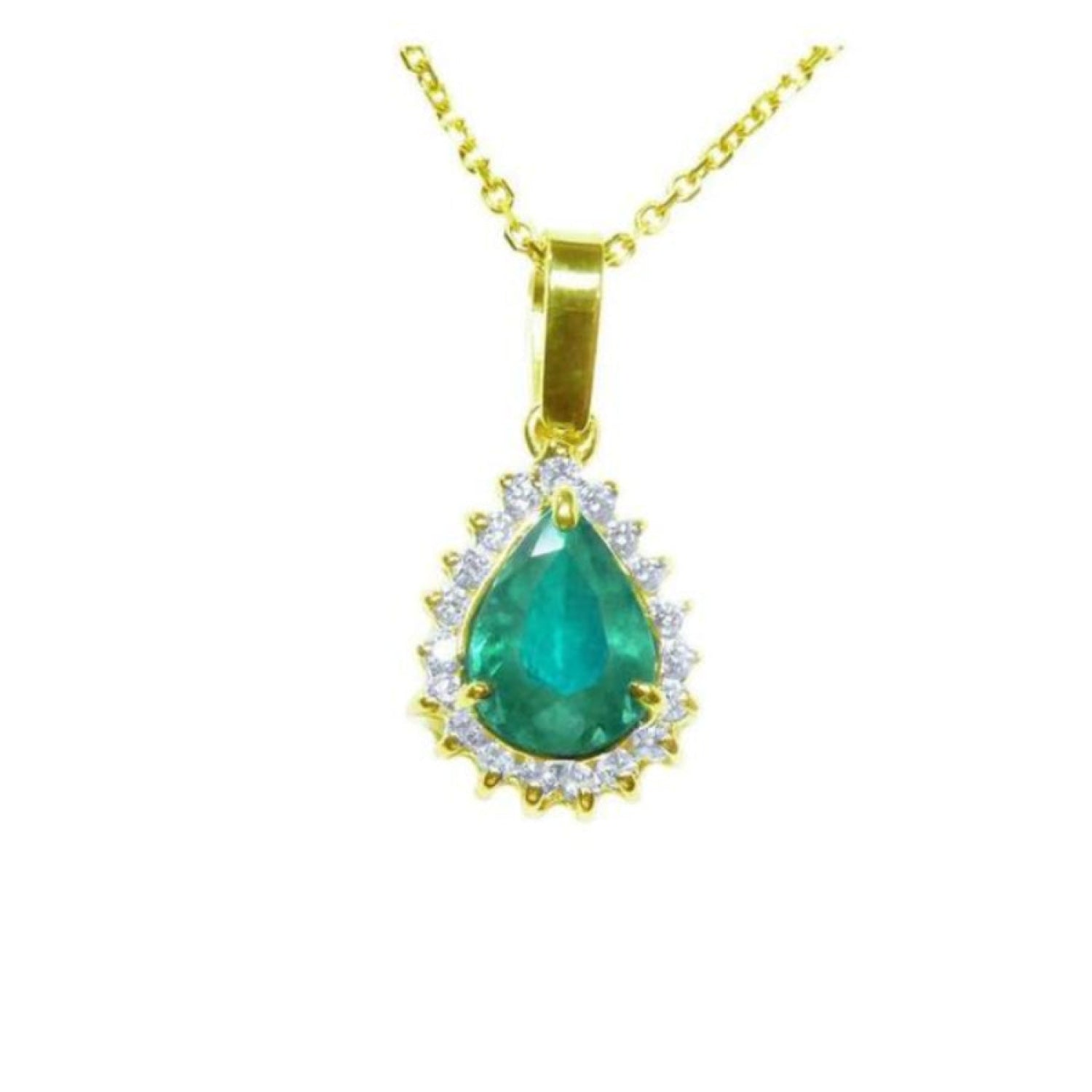 18k gold pendant with a natural teardrop colombian emerald surrounded by a halo diamond.