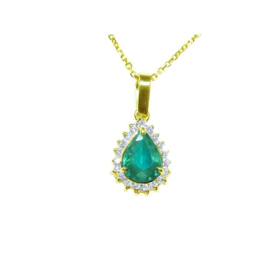Gold pendant with a natural teardrop colombian emerald on a topside position view.