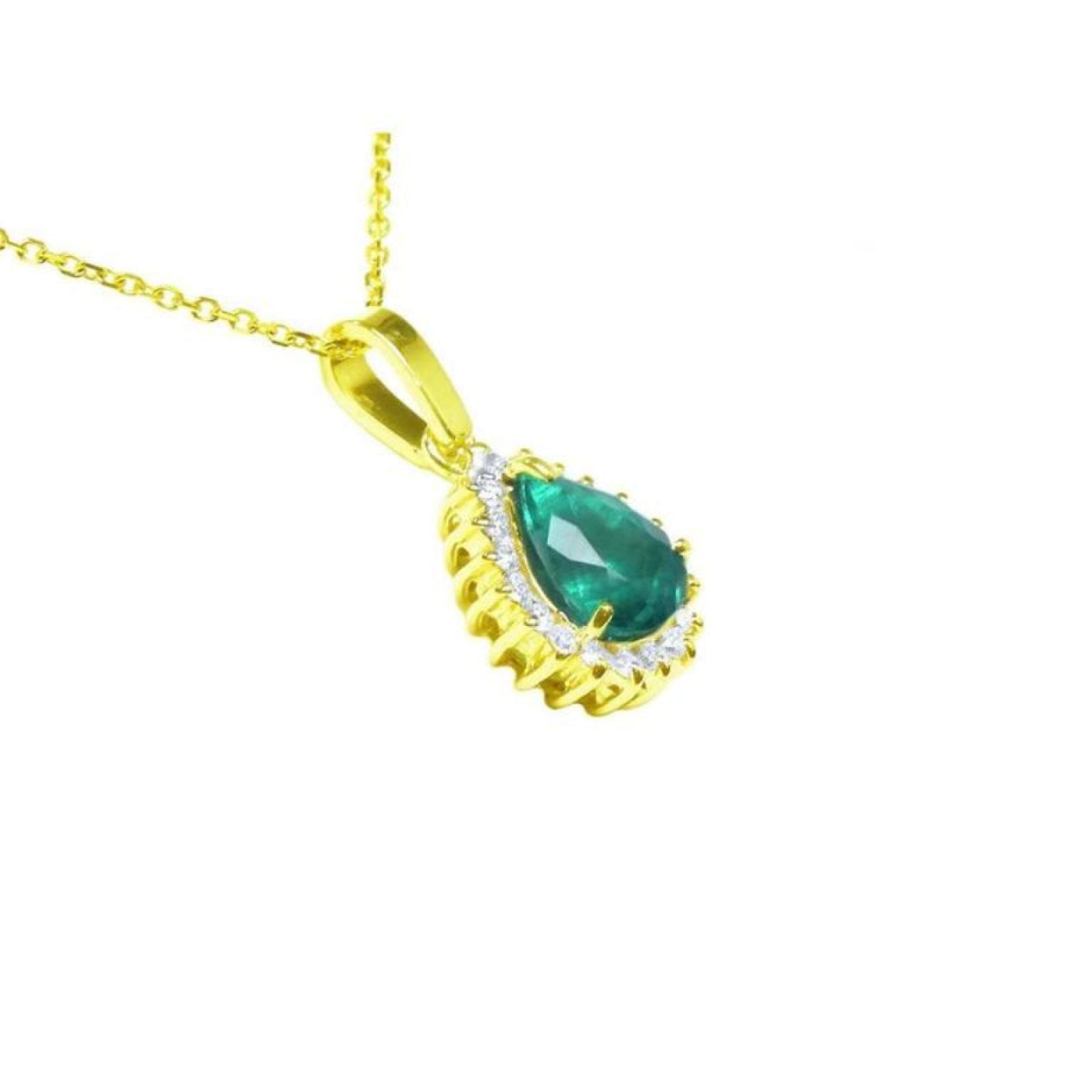 A 18k yellow gold pendant with a teardrop natural colombian emerald accented by a halo diamond.