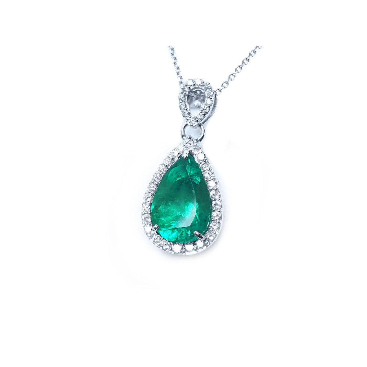 5.83 ct. pear-cut Colombian emerald pendant with diamond halo in 18K white gold.