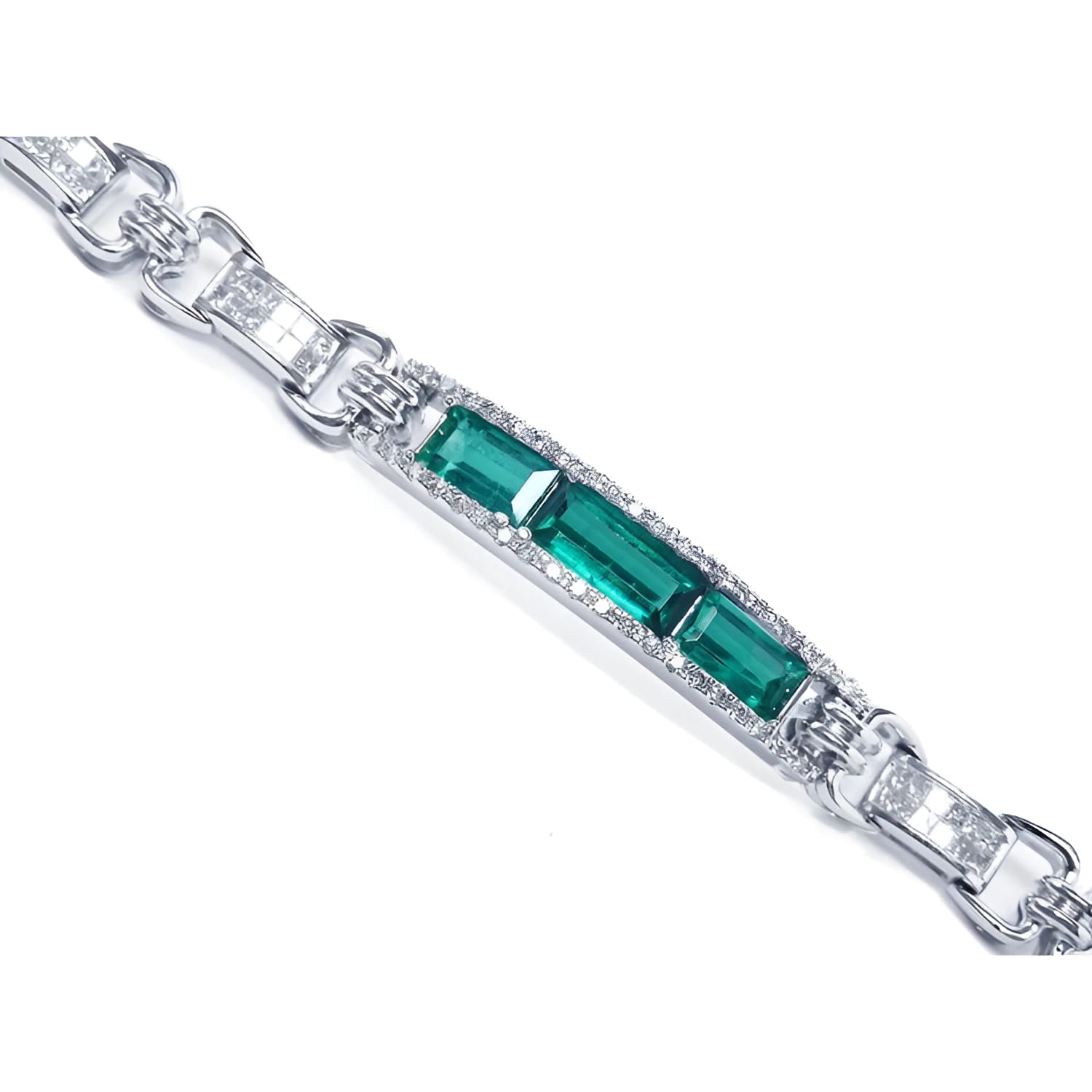 Silver bracelet with three rectangular Colombian emeralds surrounded by princess cut diamonds.