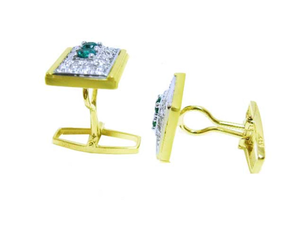 Emerald cufflinks for man high quality natural Muzo Colombian emeralds and diamonds 14k yellow gold