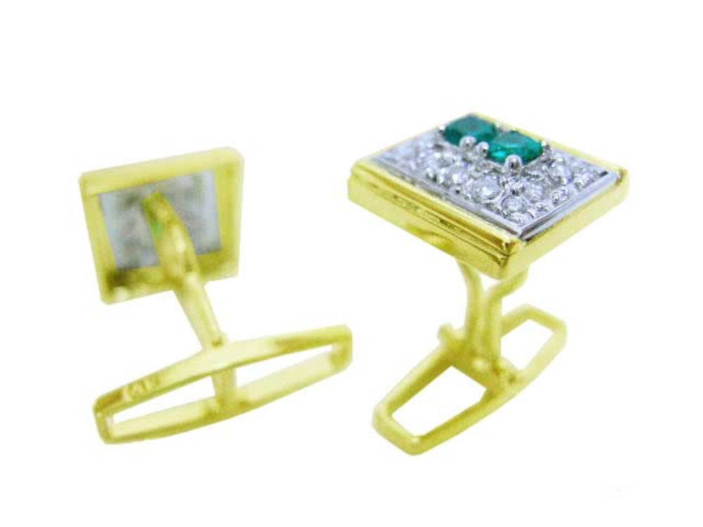 Exquisite design men&#39;s cufflinks high quality natural Muzo Colombian emeralds and diamonds 14k yellow gold