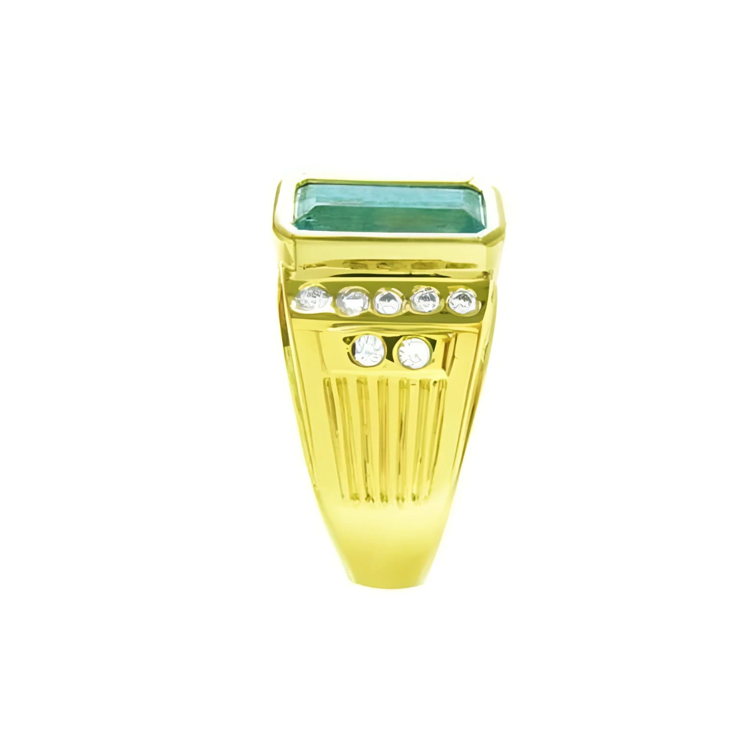 Men's 14K yellow gold ring with a bezel-set Colombian emerald and burnish-set diamonds.
