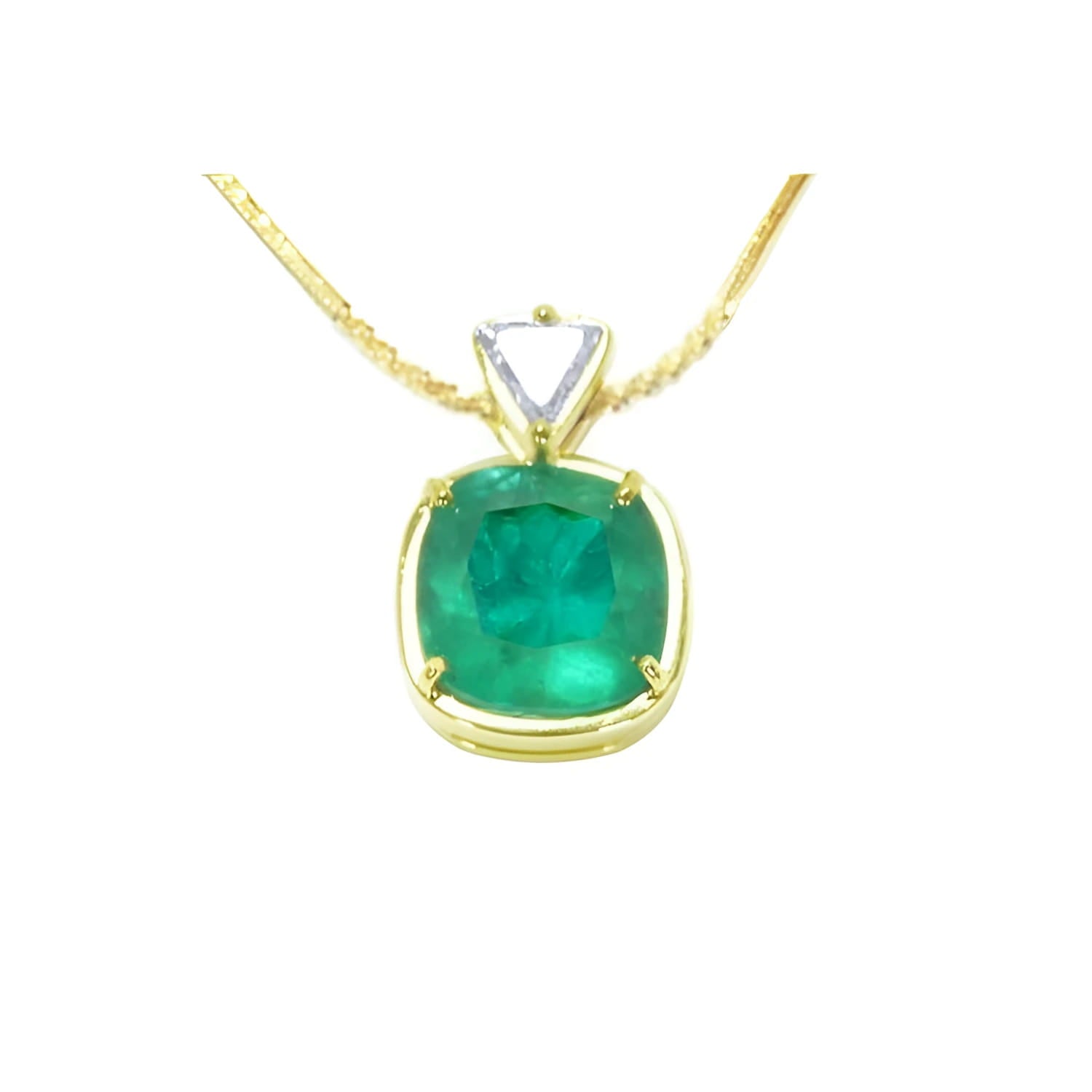 Cushion cut 4.84 ct. emerald pendant necklace in 18K yellow gold with a delicate chain.