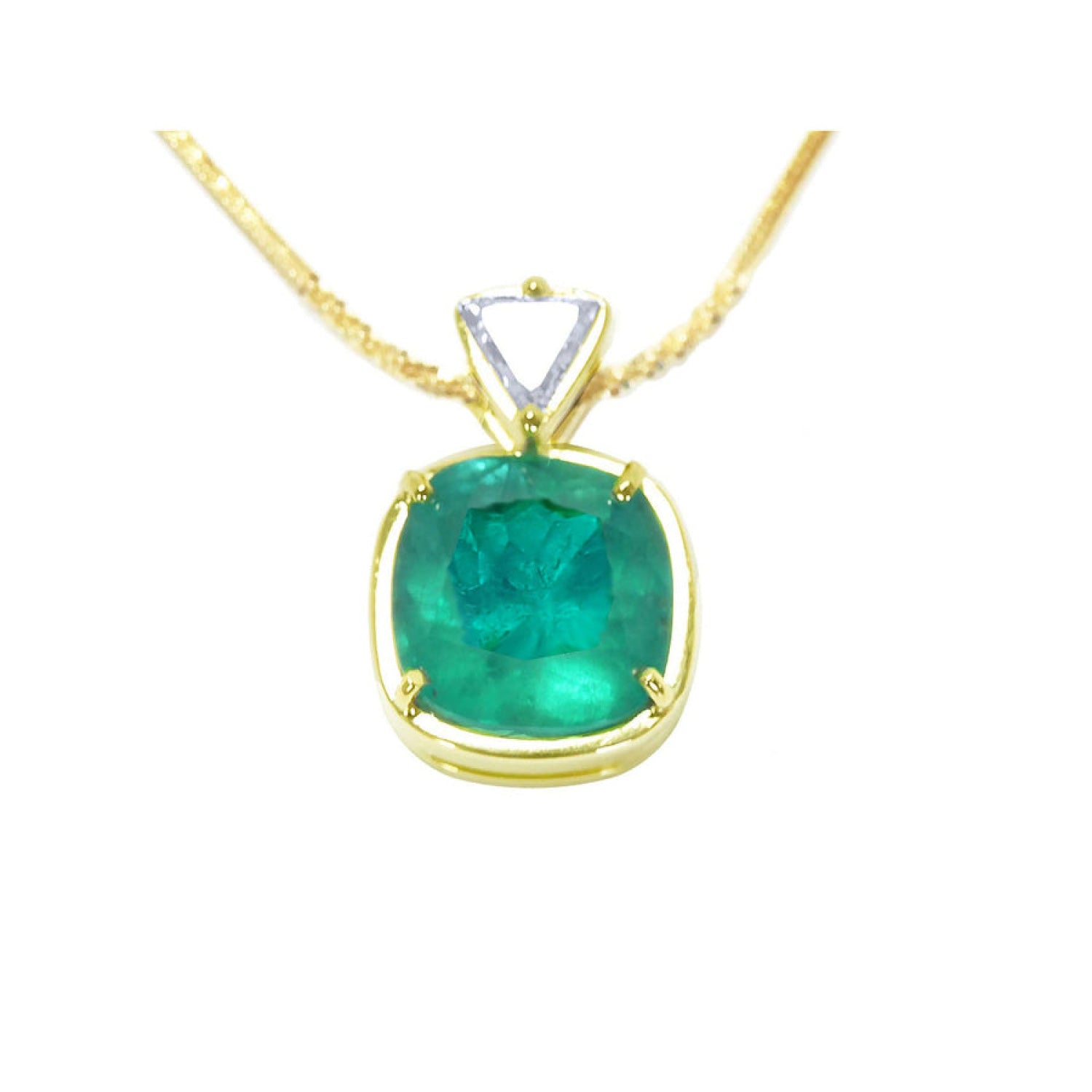 Cushion cut 4.84 ct. emerald pendant necklace in 18K yellow gold with a delicate chain.