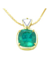 Cushion cut 4.84 ct. emerald pendant necklace in 18K yellow gold with a delicate chain.