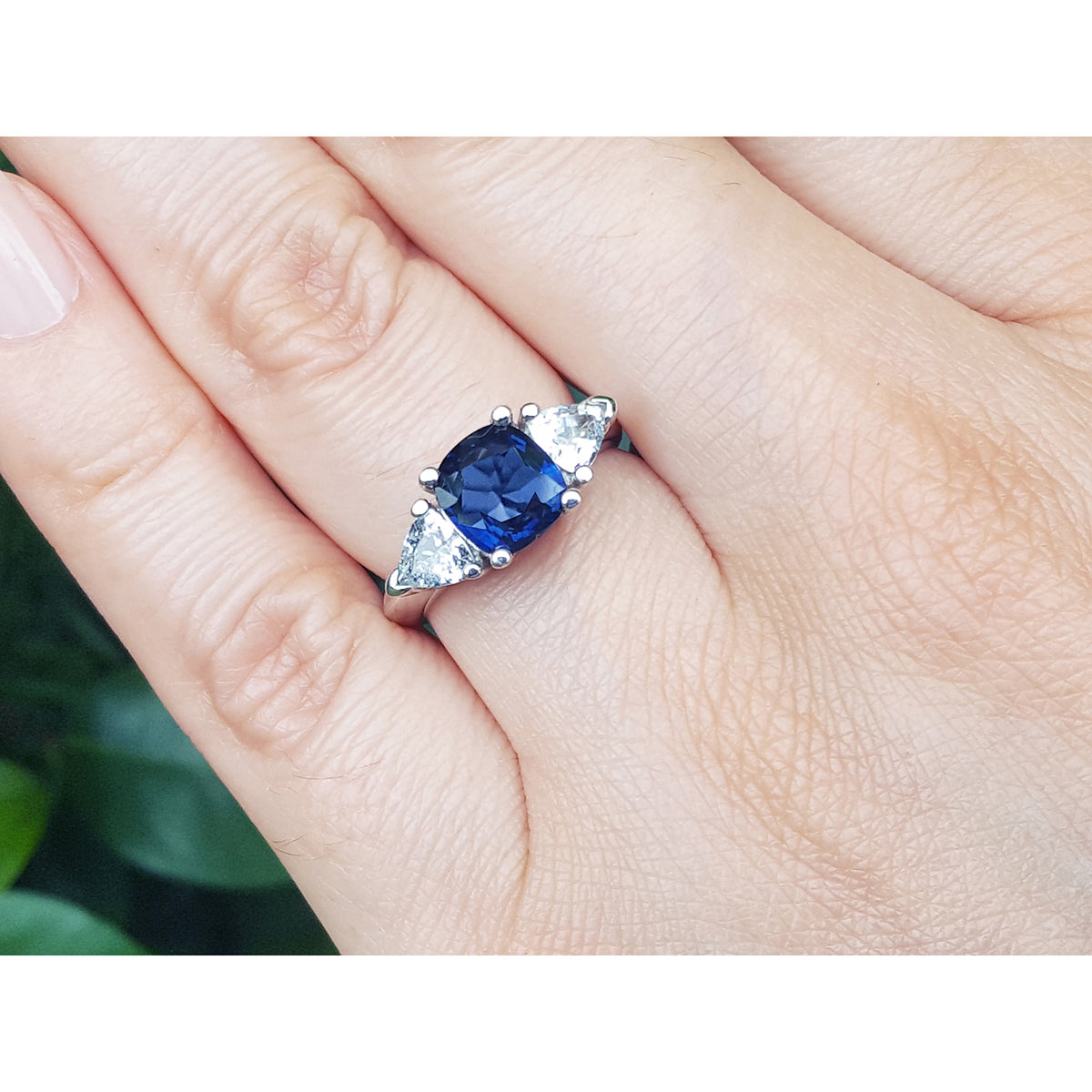 2.00 ct. Women&#39;s Cushion cut Sapphire Ring Trillion Side White Sapphires 14K Gold