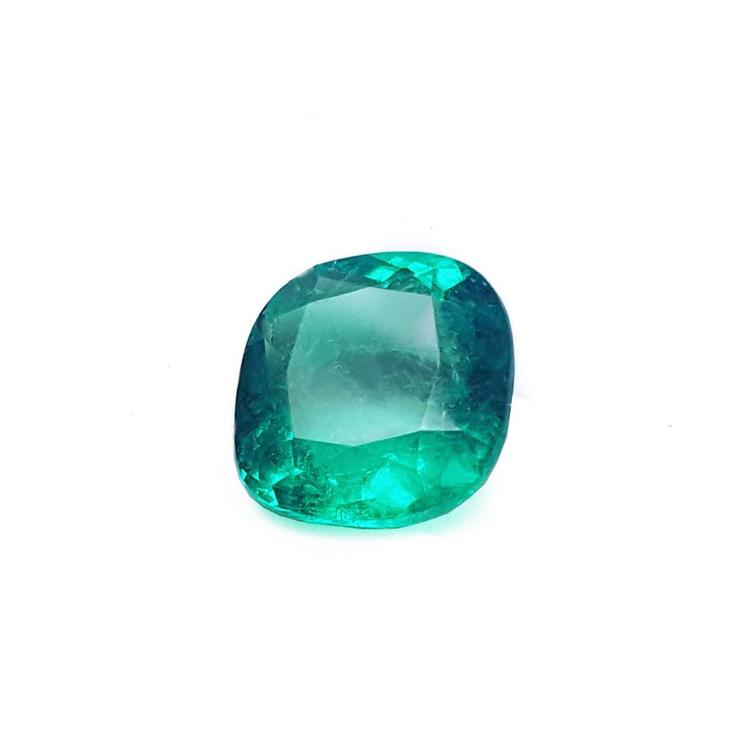 GIA certified cushion cut Colombian emerald, left side table and crown view