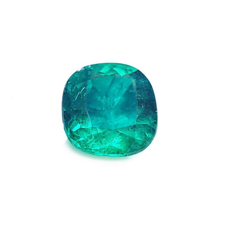 GIA certified cushion cut Colombian emerald a vivid medium-deep bluish-green hue.