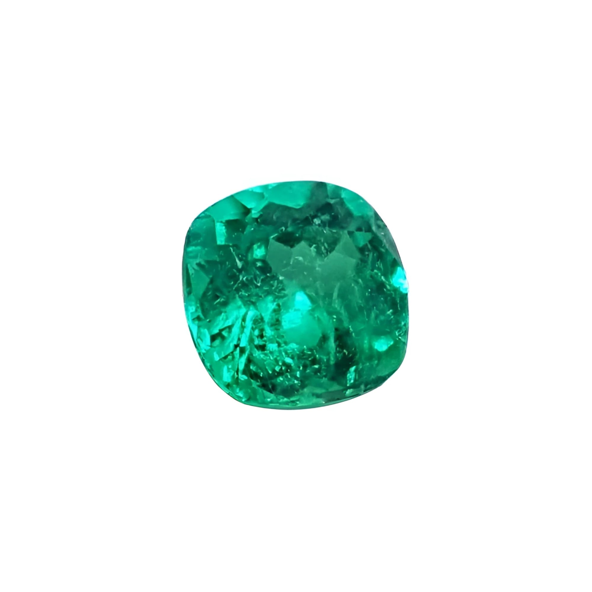 Sparkling 2.06 carat cushion cut Muzo Colombian emerald with a medium-deep bluish-green color.