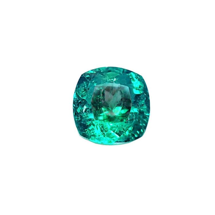 GIA certified loose natural Colombian emerald cushion cut, front table and crown view
