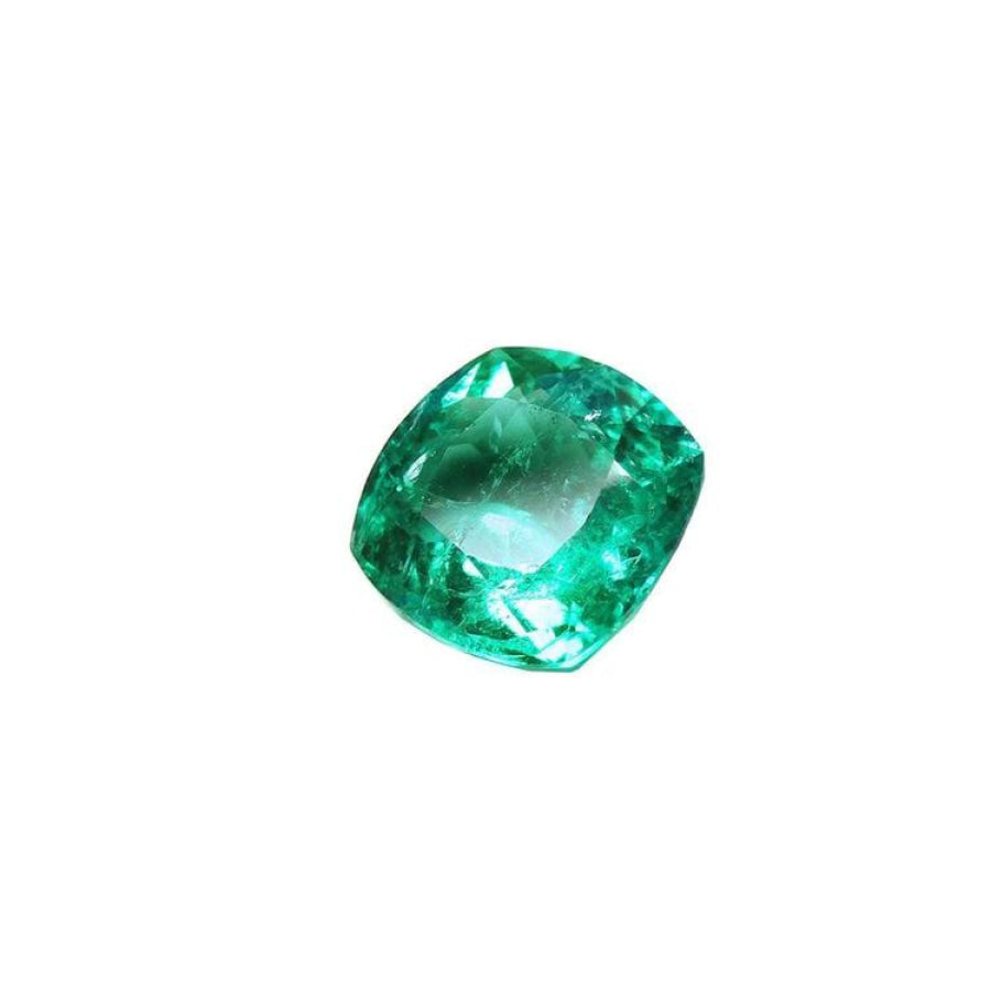 GIA-certified 1.62 carat cushion cut emerald with a vibrant medium-deep bluish-green hue.