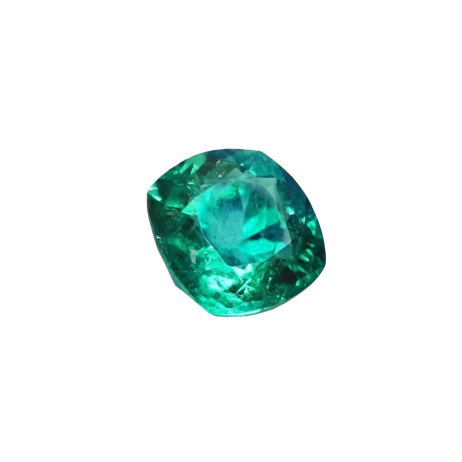 GIA certified 1.62 carat cushion cut emerald with vibrant medium-deep bluish-green hue.