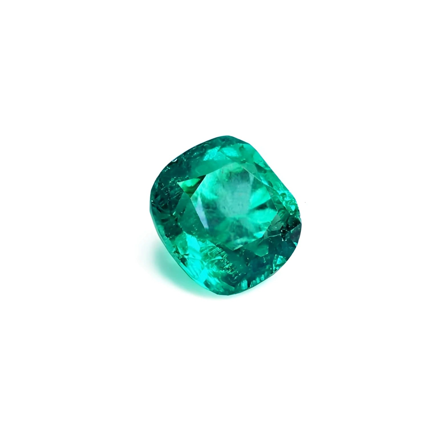 Sparkling 2.06 carat cushion cut Muzo Colombian emerald with a medium-deep bluish-green color.