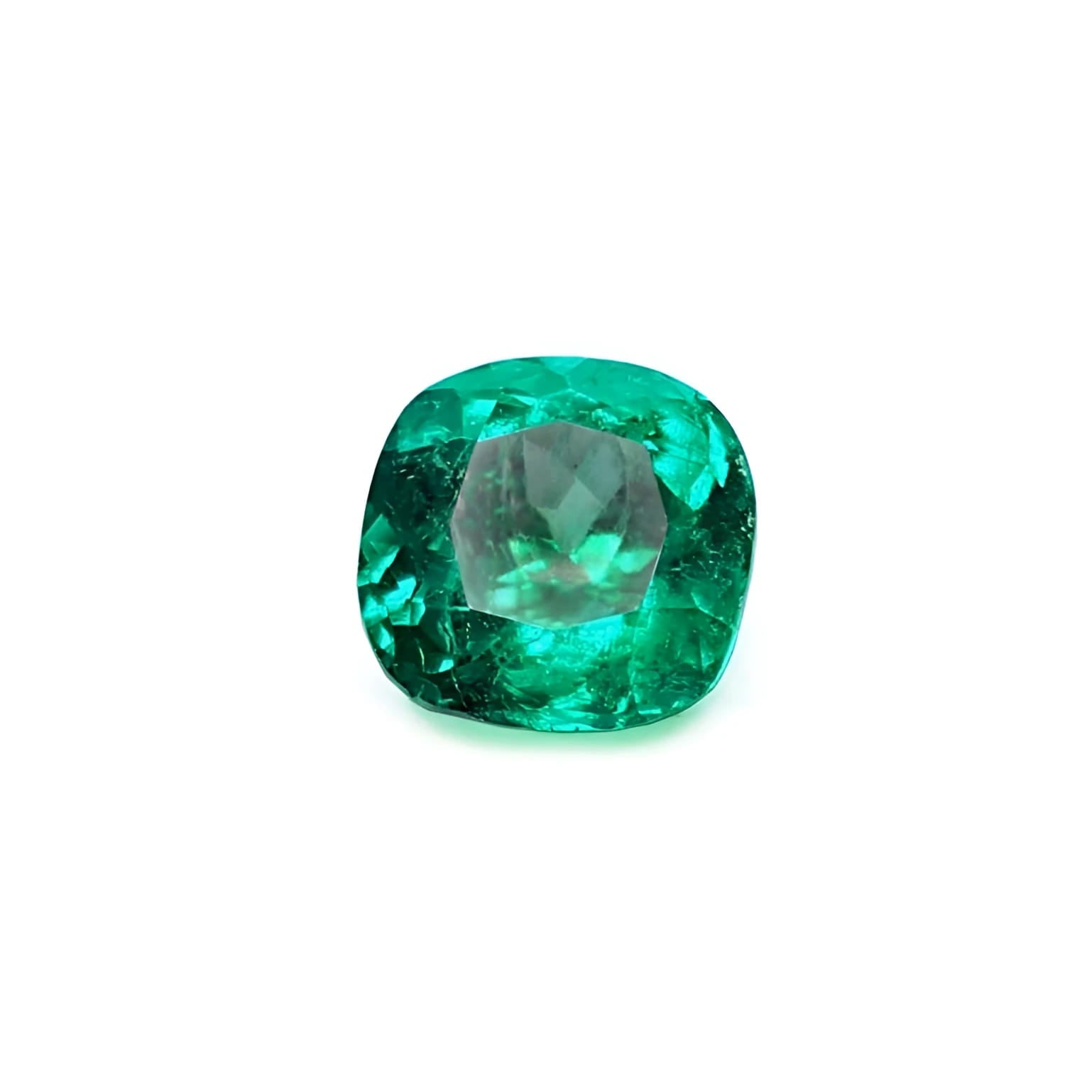 Cushion cut loose emerald from muzo Colombia, sparkling medium-deep bluish green color.