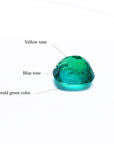 Cushion cut loose emerald from muzo Colombia, upside down shows pavilion and green color analysis labels