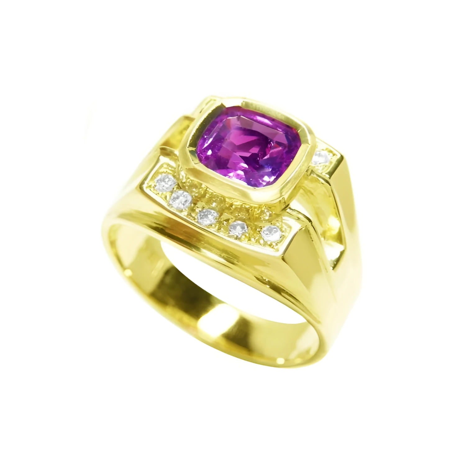 Men's 18K yellow gold ring with a bezel-set cushion-cut purplish-pink sapphire and diamond accents.
