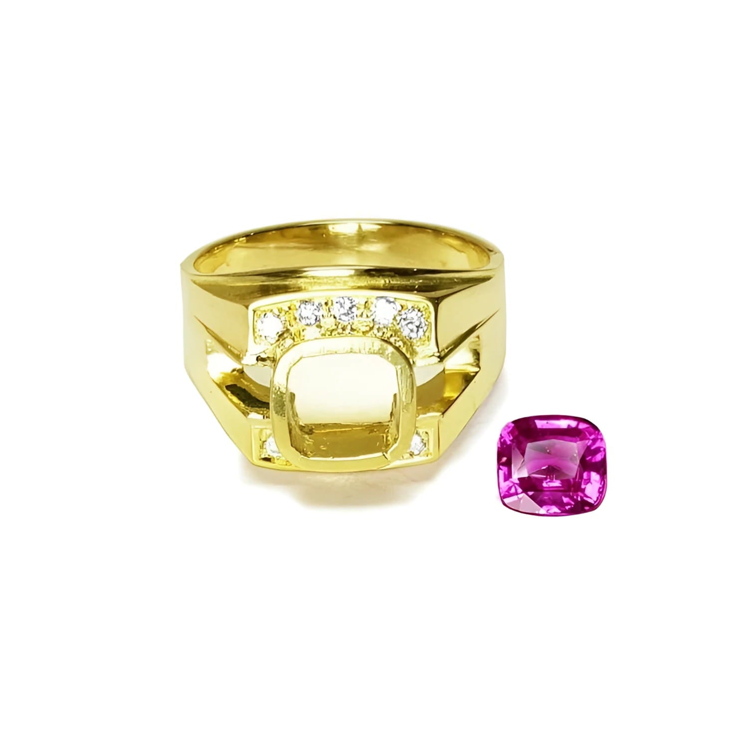 18K yellow gold men's ring setting with diamond accents next to a loose cushion-cut purplish-pink sapphire.