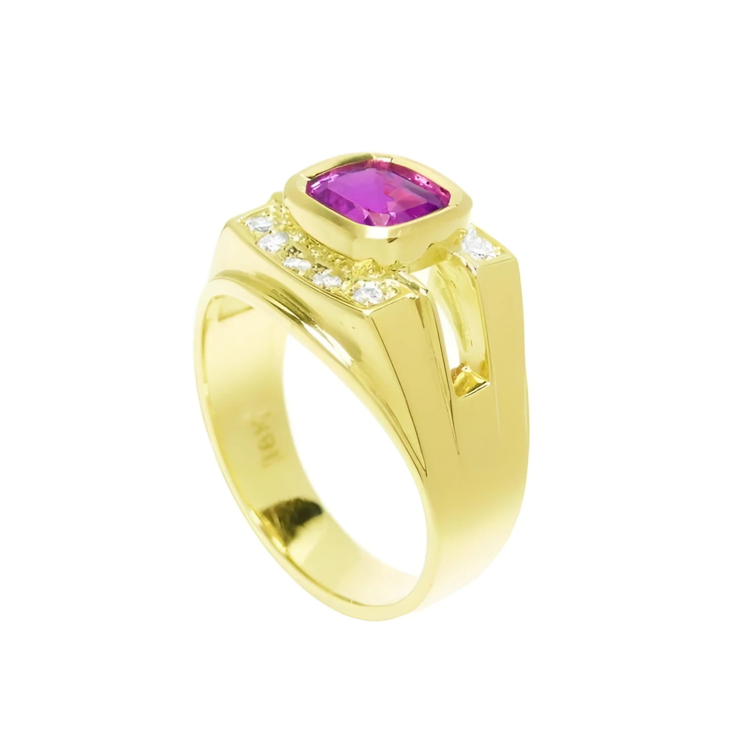 Men's 18K yellow gold ring with a bezel-set cushion-cut purplish-pink sapphire and diamond accents.