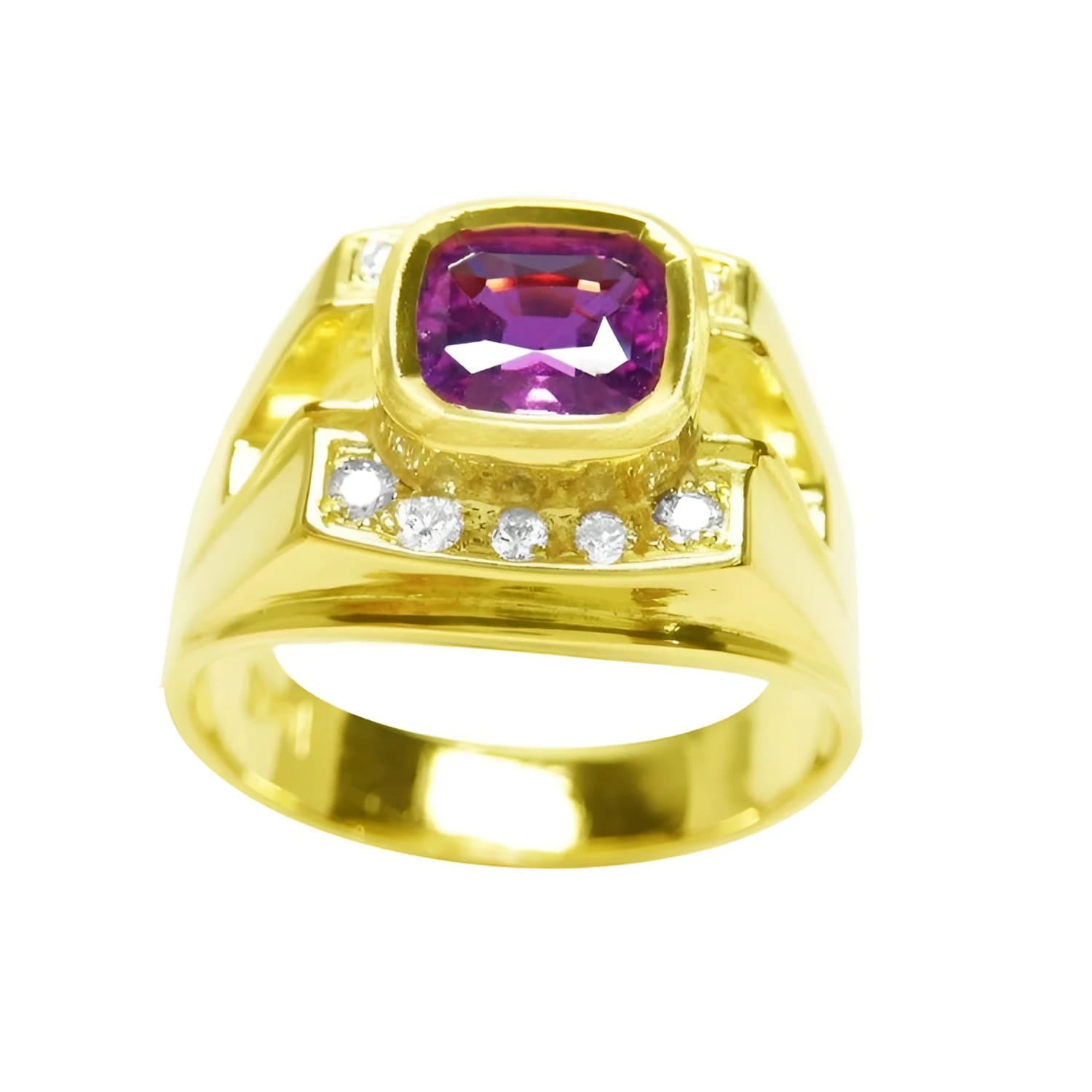 Men's 18K yellow gold ring with a bezel-set cushion-cut purplish-pink sapphire and diamond accents.