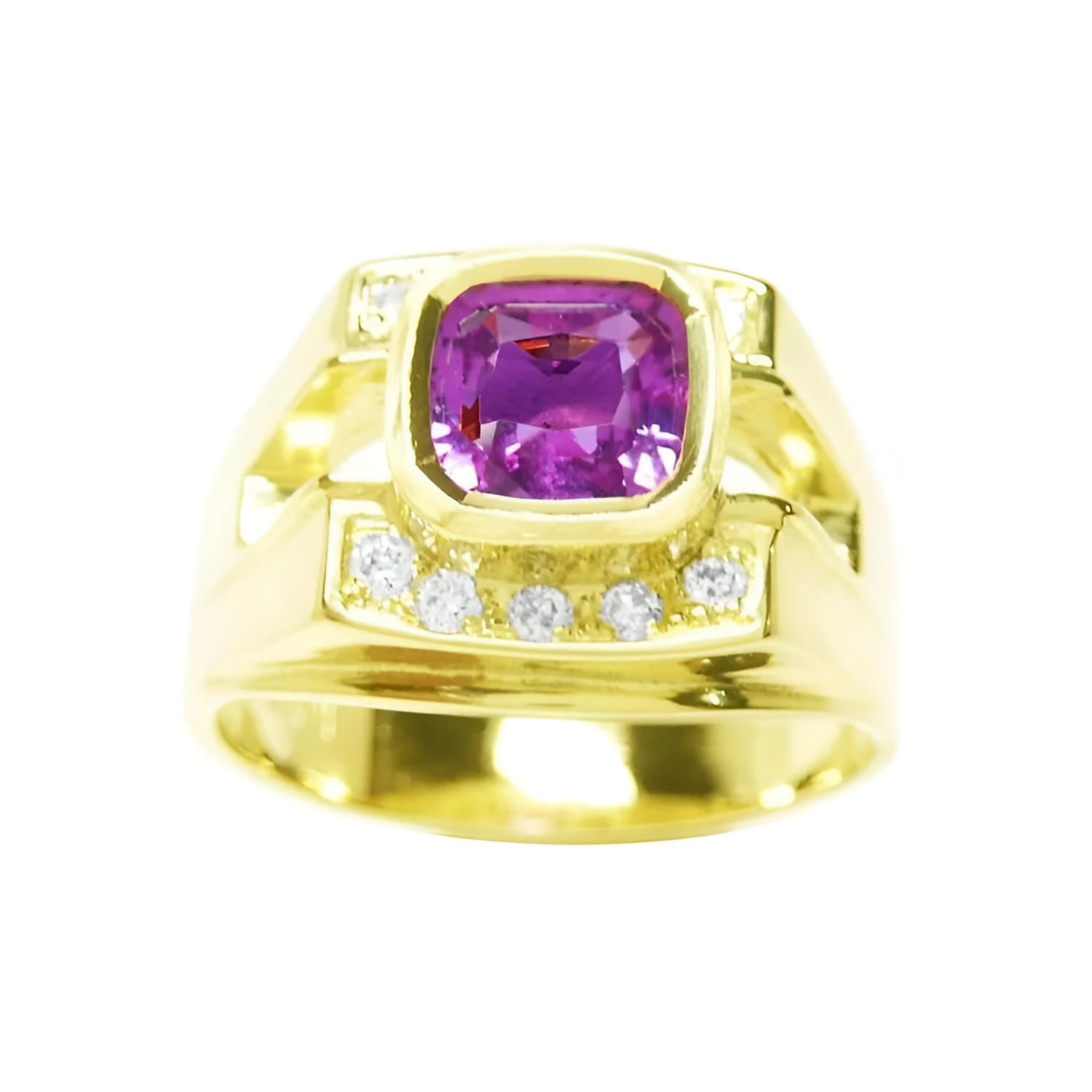 1.99 Carats natural GIA certified untreated men's pink sapphire ring bezel set and diamonds 18K yellow gold.