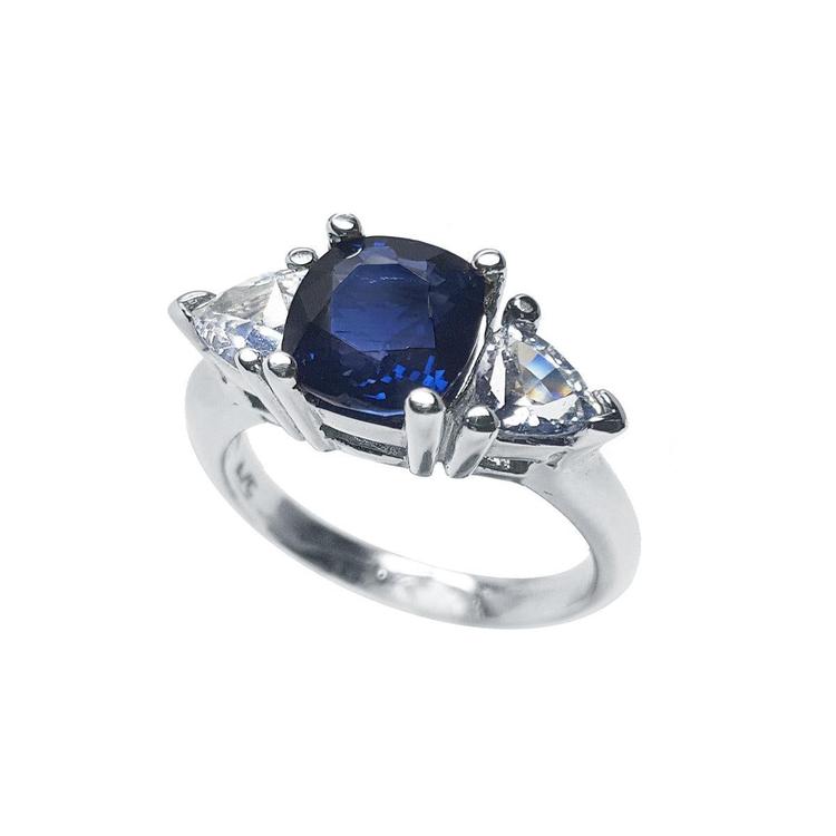 Women's cushion cut sapphire ring trillion side white sapphires 14k white gold, half lateral down view profile