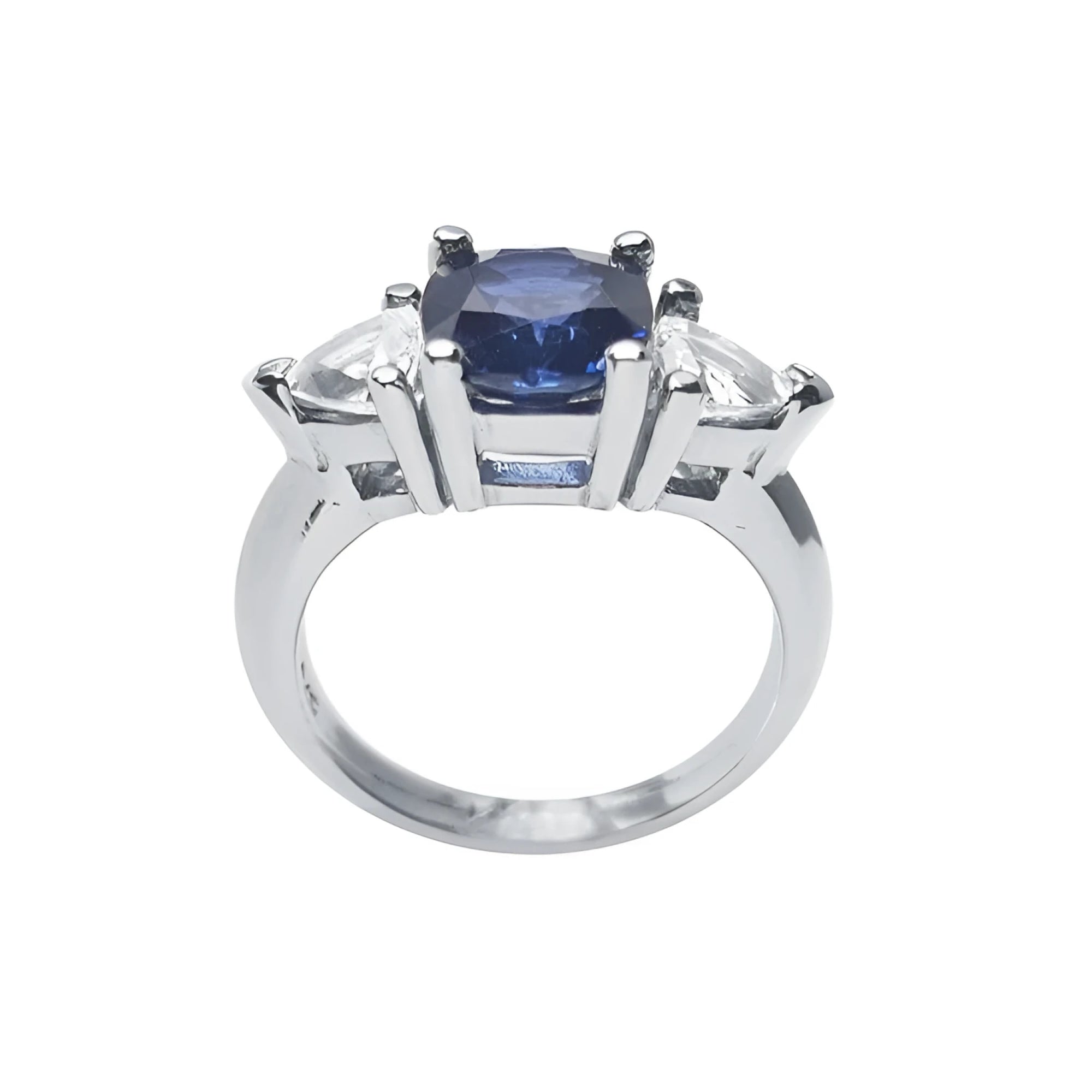 14K white gold cushion cut deep blue sapphire ring with two trillion side sapphires.