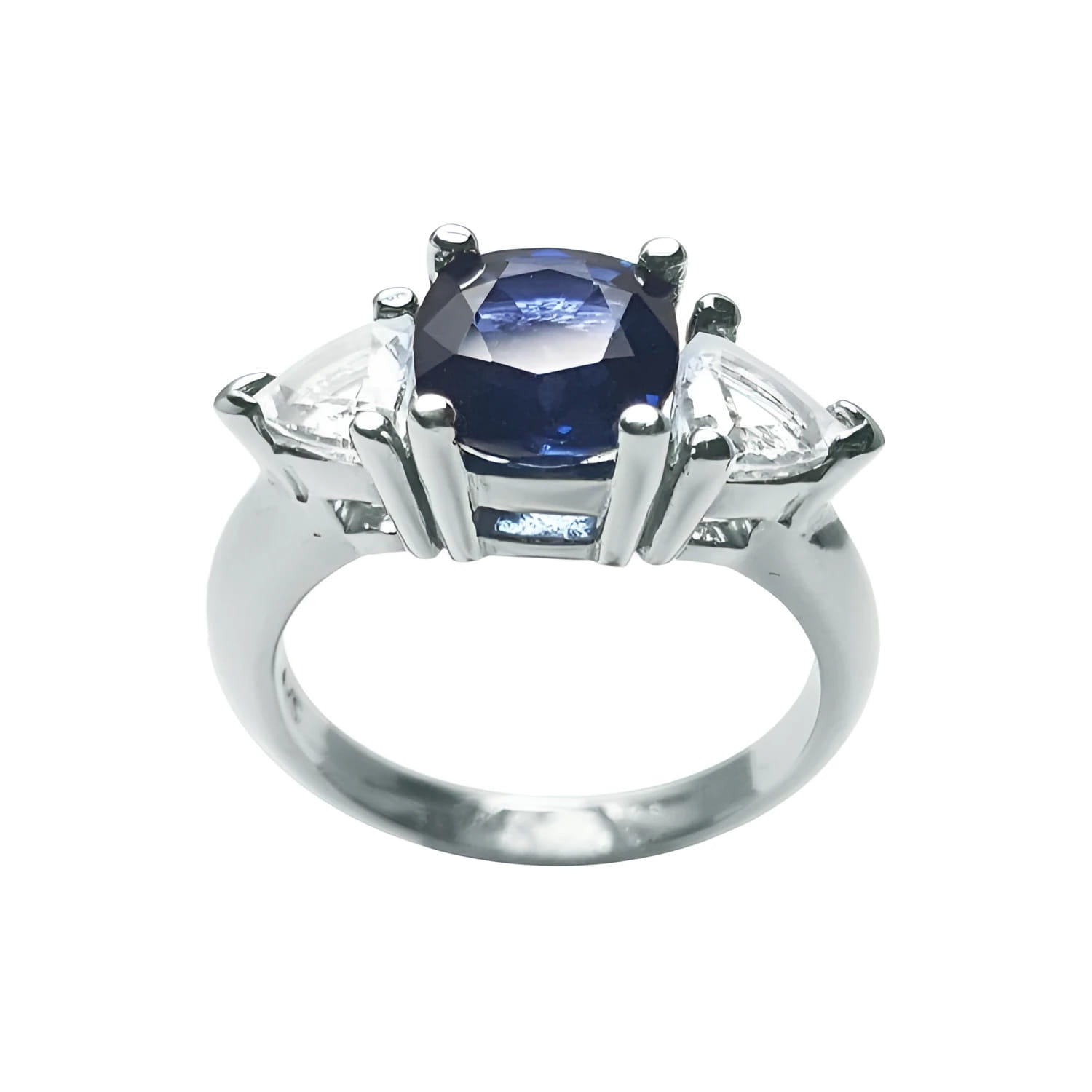 14K white gold cushion cut deep blue sapphire ring with trillion side sapphires.