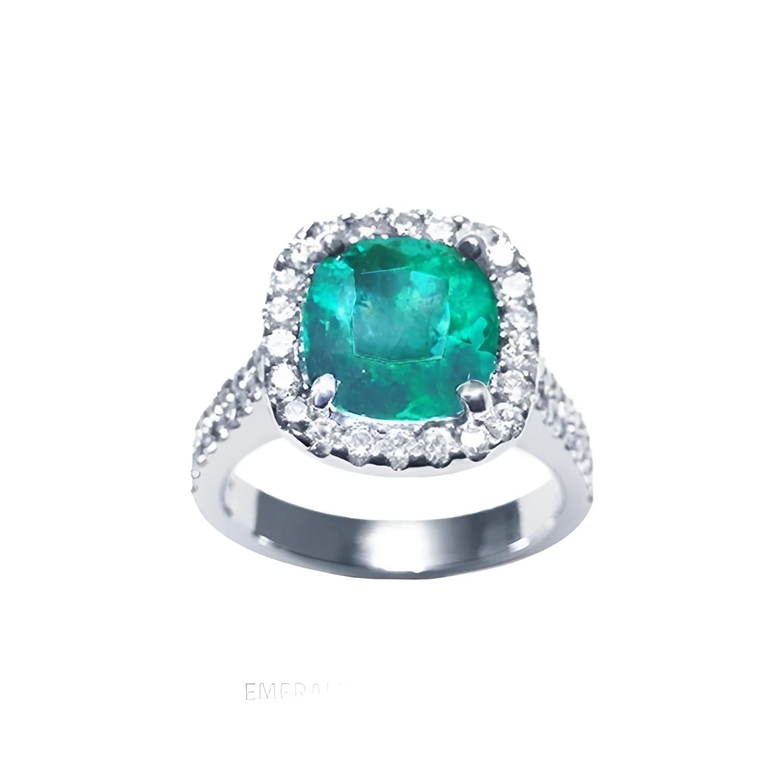 A women's natural colombian emerald ring cushion cut with halo natural diamond crafted in 14k white gold.