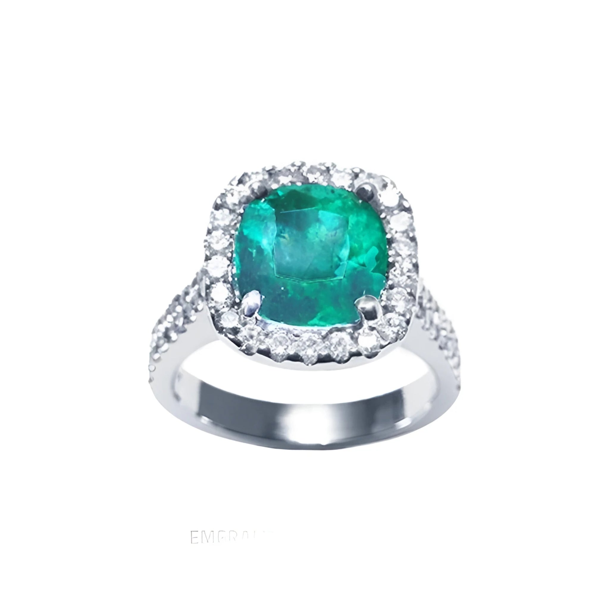 A women's natural colombian emerald ring cushion cut with halo natural diamond crafted in 14k white gold.