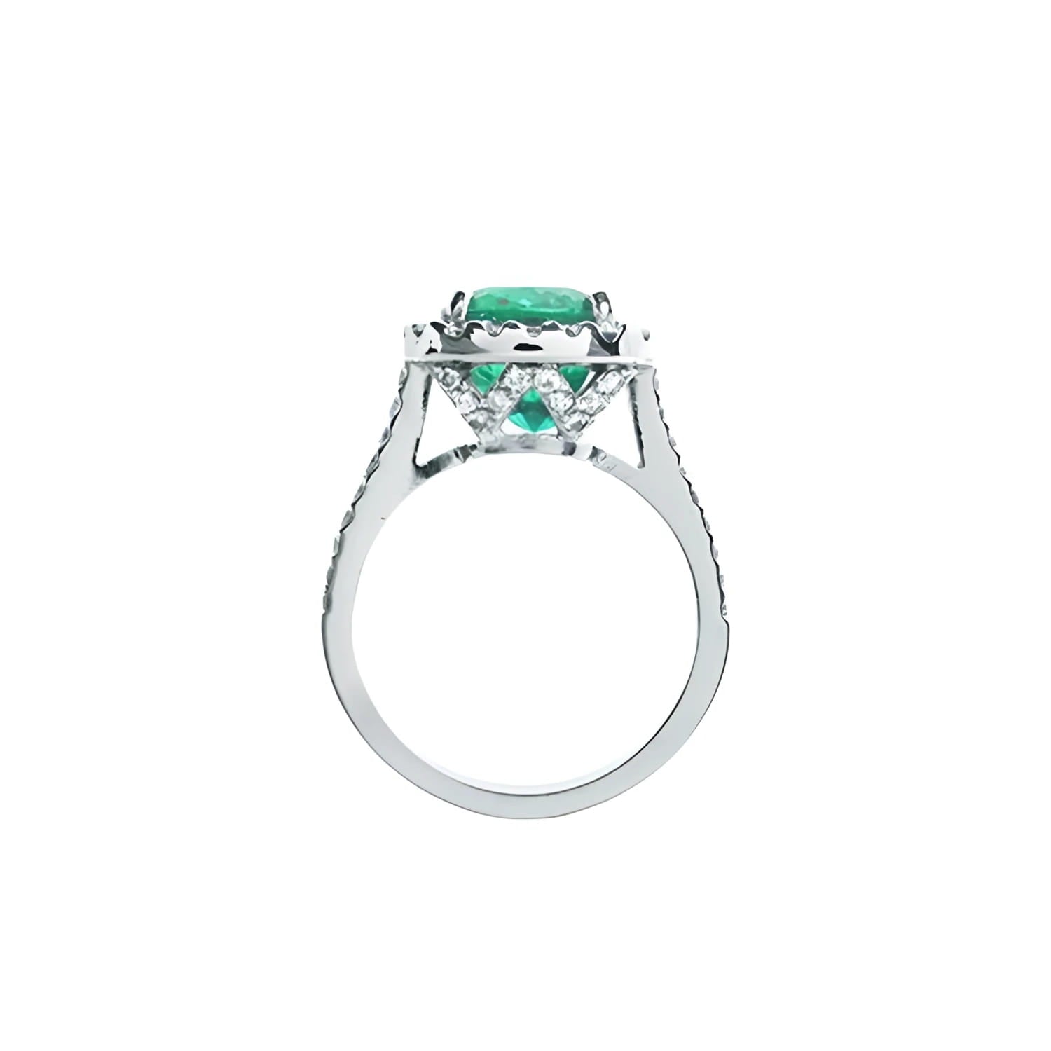 Cushion cut 3.92 ct. deep bluish-green natural emerald ring with diamond halo in 14K white gold.